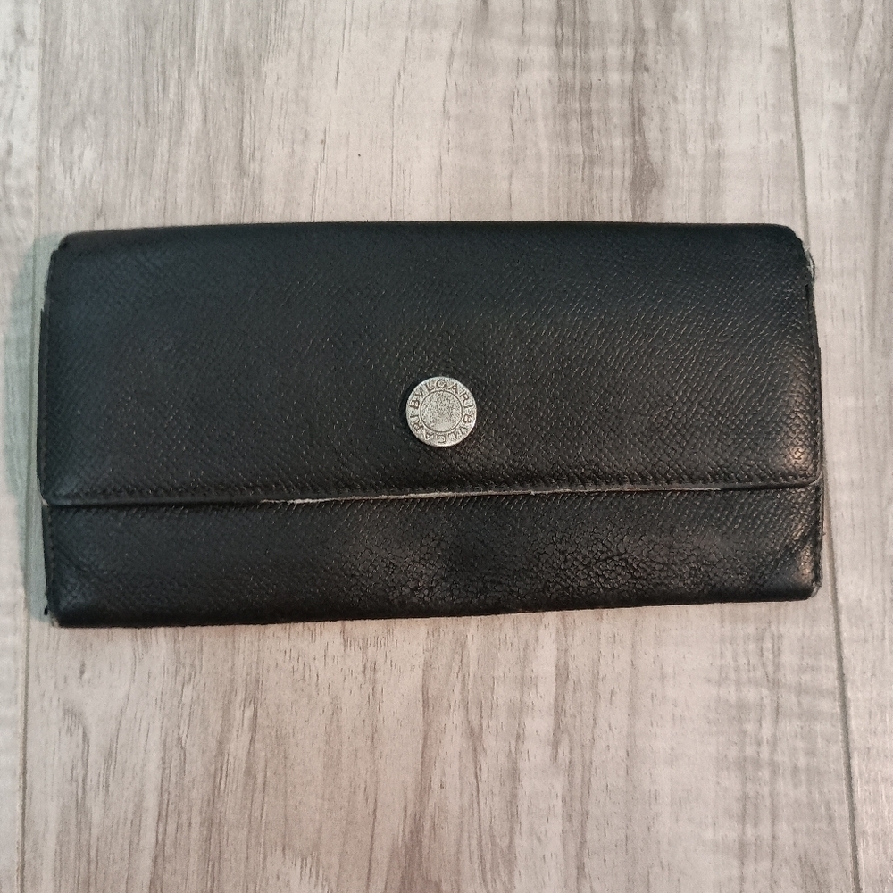 Bvlgari Wallet Purse Long Wallet Black Silver Woman unisex Authentic